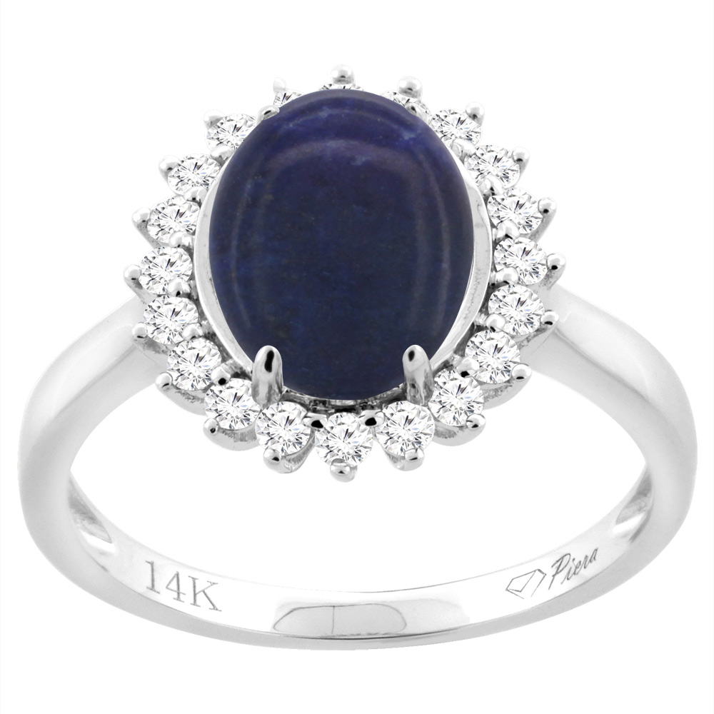 14K White Gold Diamond Natural Lapis Engagement Ring Oval 10x8mm, sizes 5-10