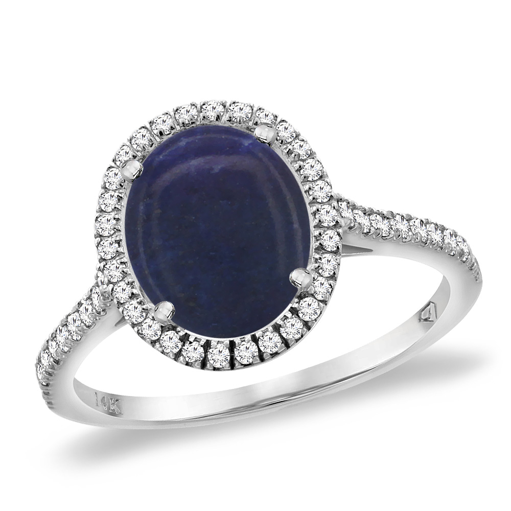 14K White Gold Natural Lapis Diamond Halo Engagement Ring 10x8 mm Oval, sizes 5 -10