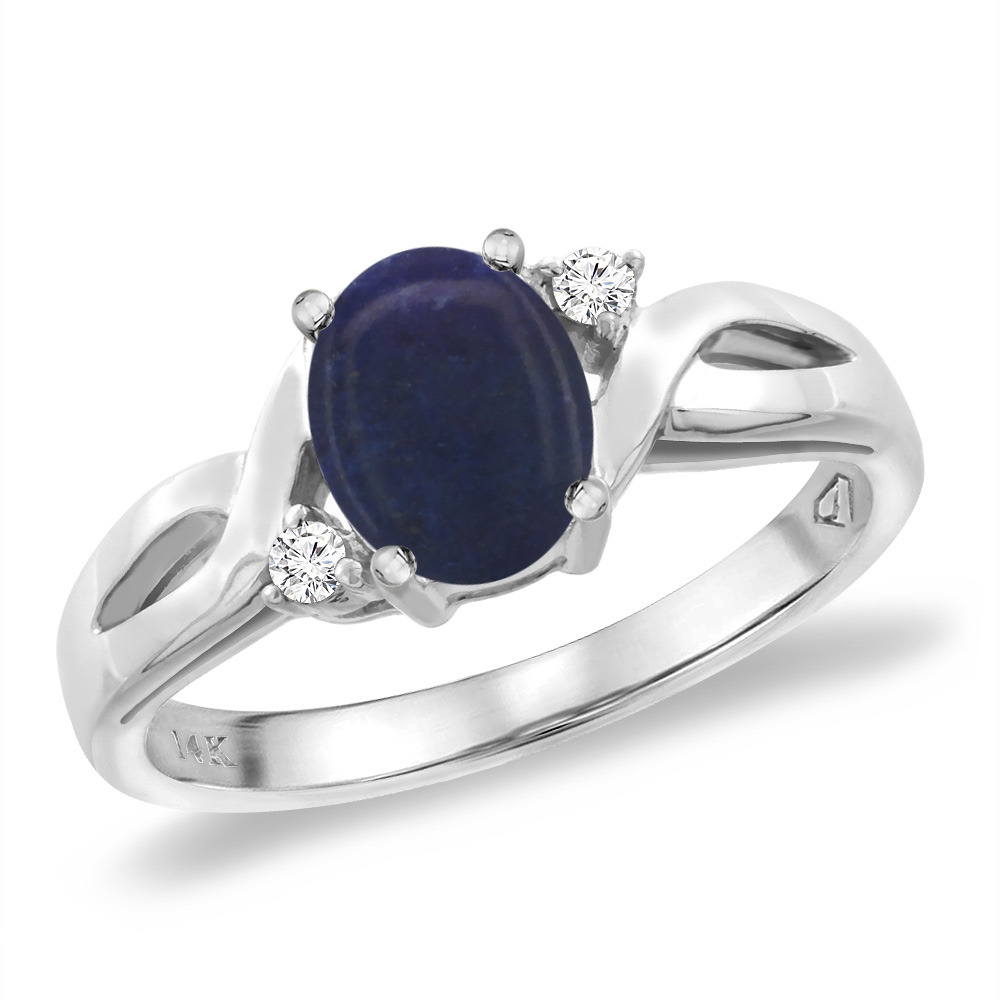 14K White Gold Diamond Natural Lapis Engagement Ring Oval 8x6 mm, sizes 5 -10