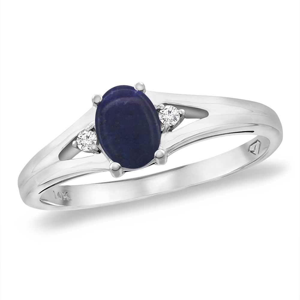 14K White Gold Diamond Natural Lapis Engagement Ring Oval 6x4 mm, sizes 5 -10