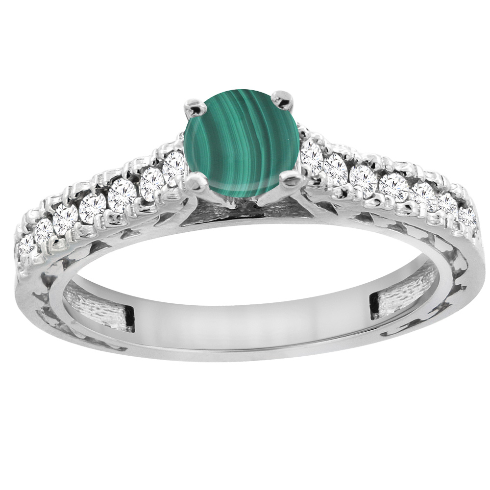 14K White Gold Natural Malachite Round 5mm Engraved Engagement Ring Diamond Accents, sizes 5 - 10