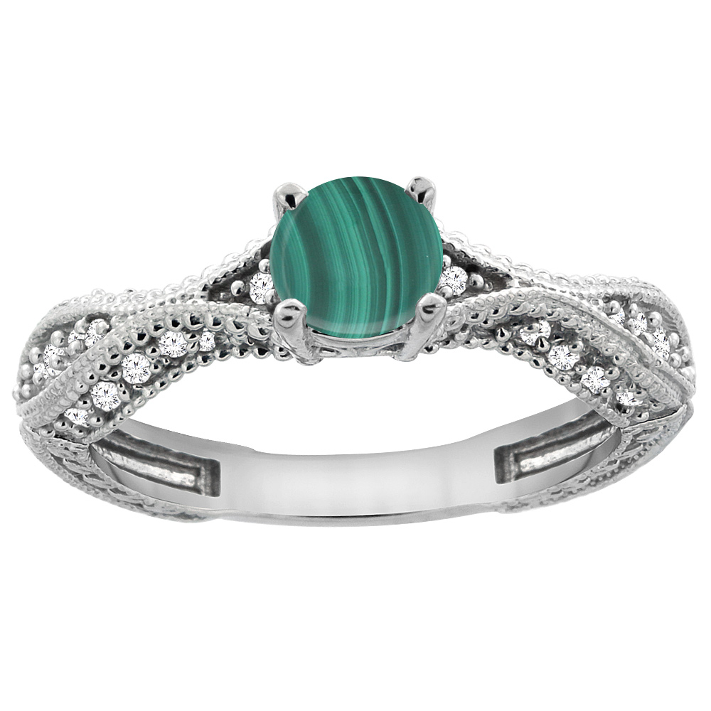 14K White Gold Natural Malachite Round 5mm Engraved Engagement Ring Diamond Accents, sizes 5 - 10