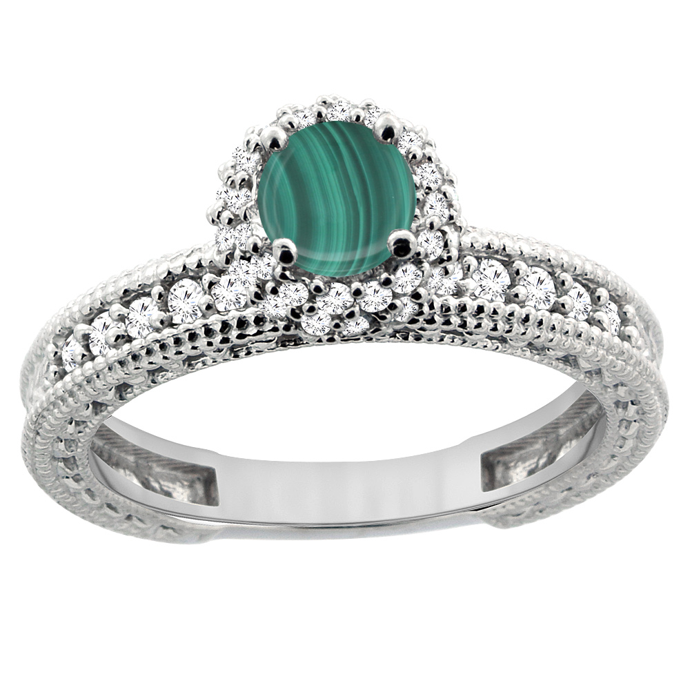 14K White Gold Natural Malachite Round 5mm Engagement Ring Diamond Accents, sizes 5 - 10