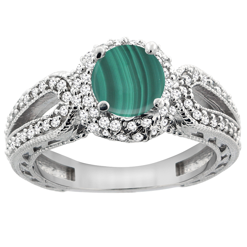 14K White Gold Natural Malachite Engagement Ring Round 6mm Engraved Split Shank Diamond Accents, sizes 5 - 10