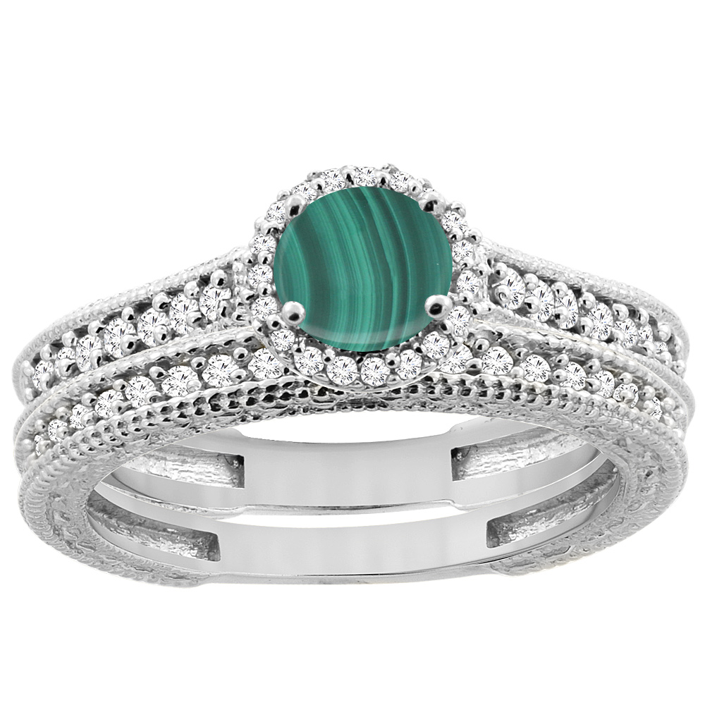 14K White Gold Natural Malachite Round 5mm Engagement Ring 2-piece Set Diamond Accents, sizes 5 - 10