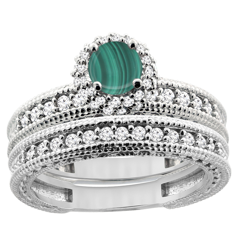 14K White Gold Diamond Natural Malachite Round 4mm Engagement Ring 2-piece Set, sizes 5 - 10