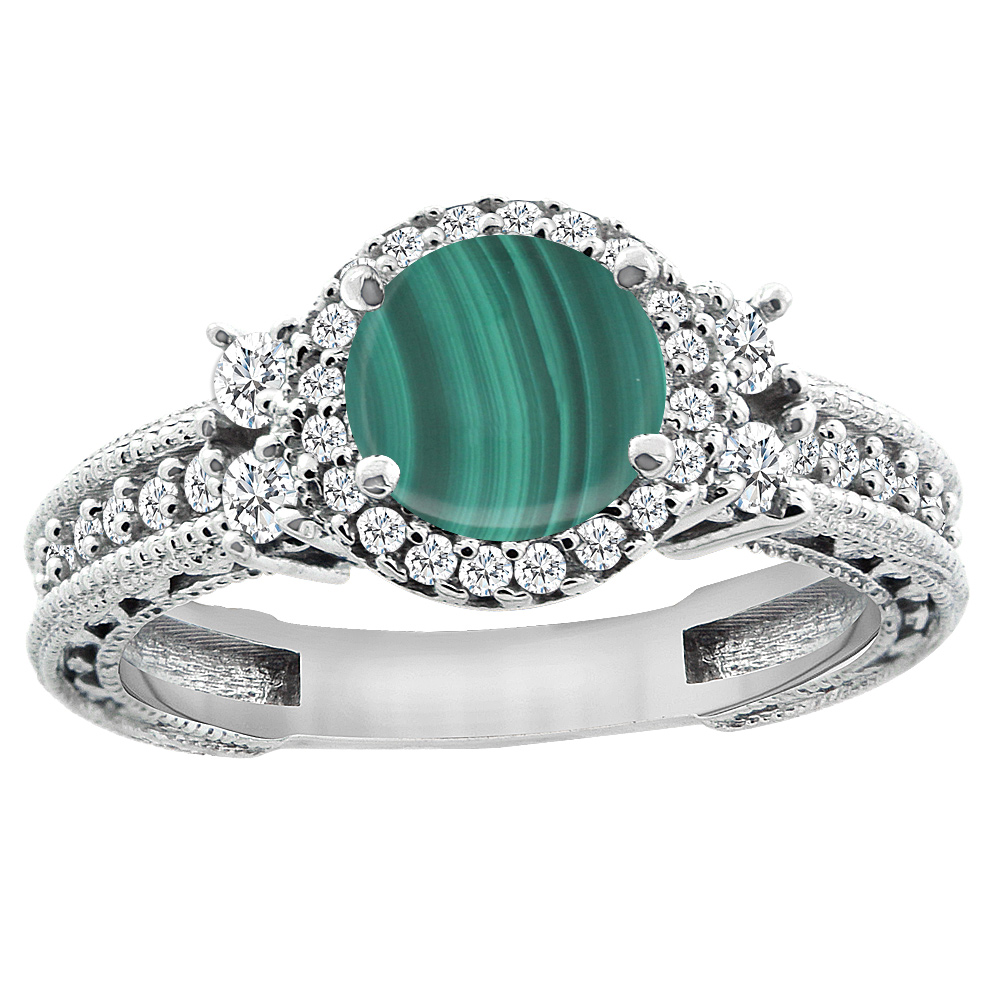 14K White Gold Natural Malachite Halo Engagement Ring Round 6mm Diamond Accents, sizes 5 - 10