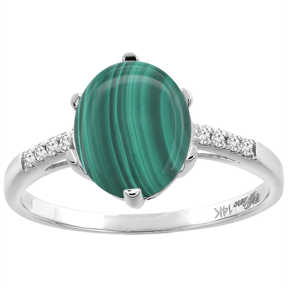 14K White Gold Natural Malachite & Diamond Ring Oval 10x8 mm, sizes 5-10