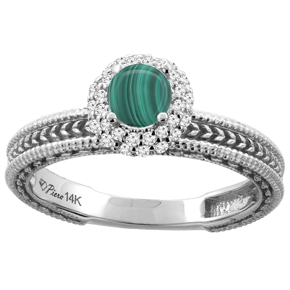 14K Yellow Gold Natural Malachite & Diamond Engagement Ring Round 5 mm, sizes 5-10