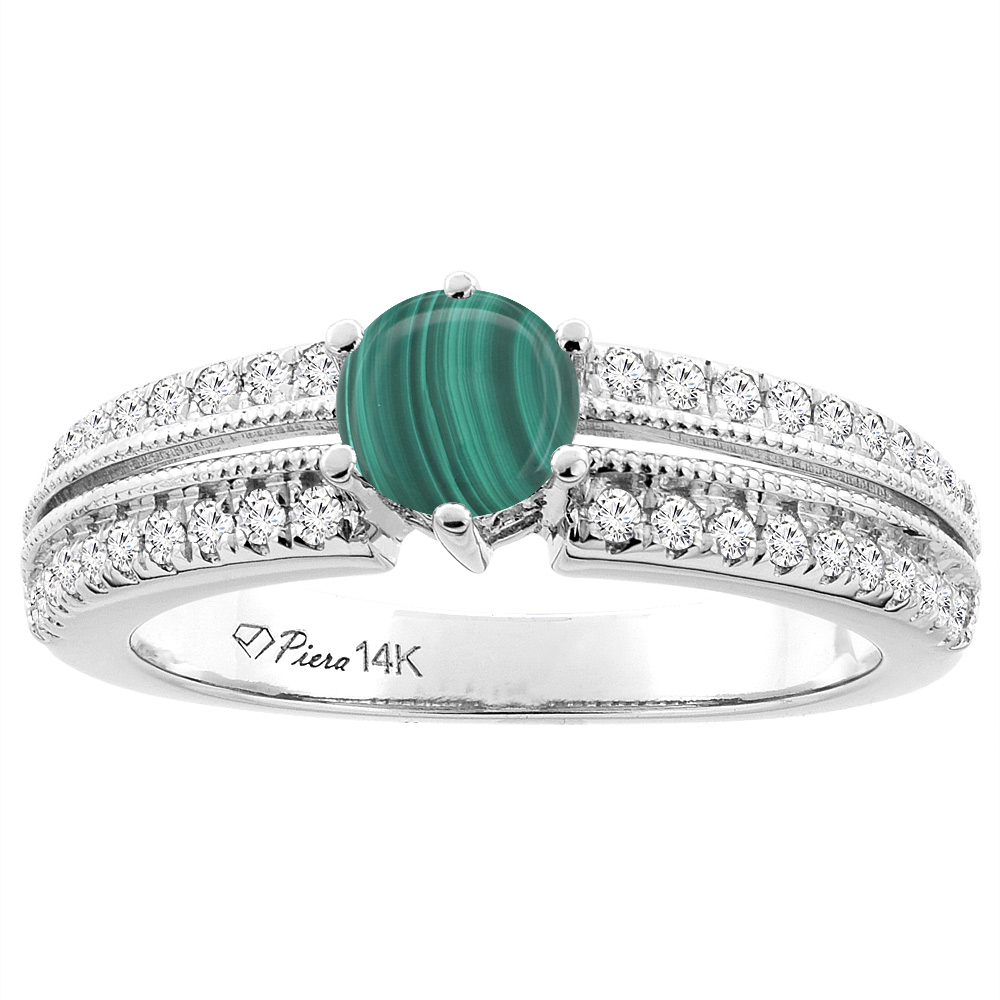 14K White Gold Natural Malachite & Diamond Ring Round 6 mm, sizes 5-10