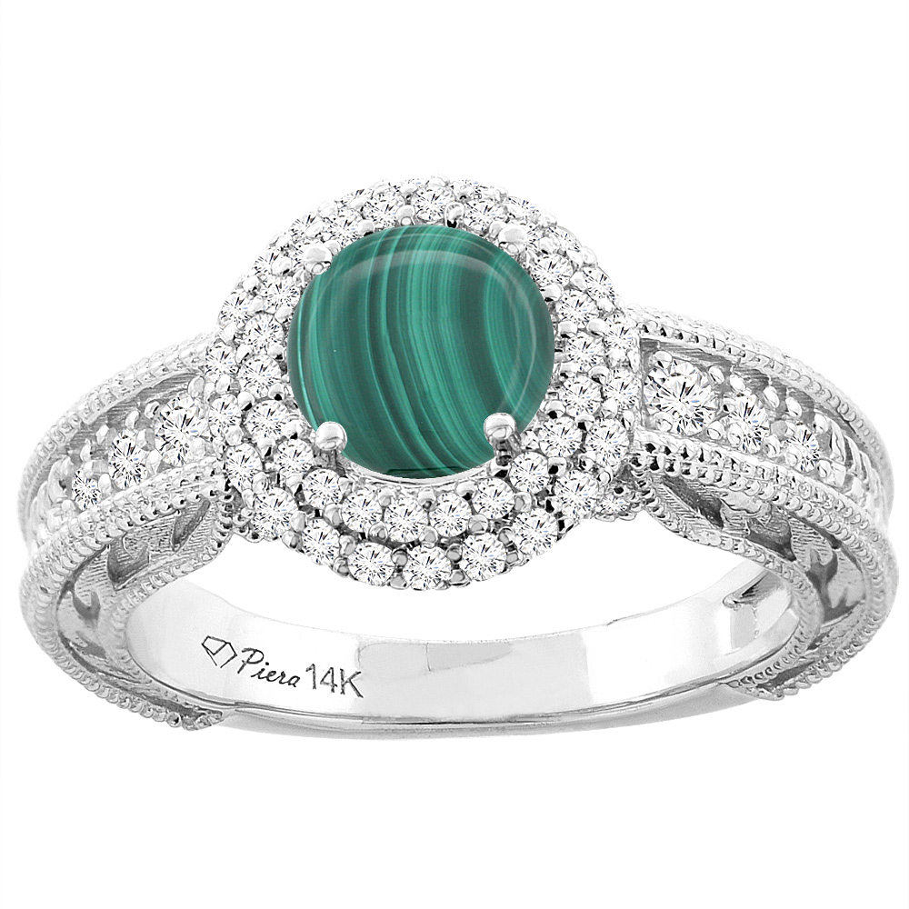 14K White Gold Natural Malachite & Diamond Halo Ring Round 6 mm, sizes 5-10