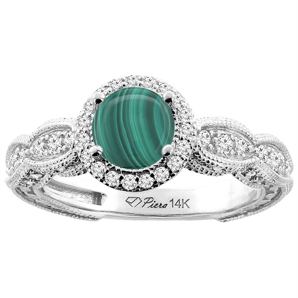 14K White Gold Natural Malachite & Diamond Halo Ring Round 6 mm, sizes 5-10