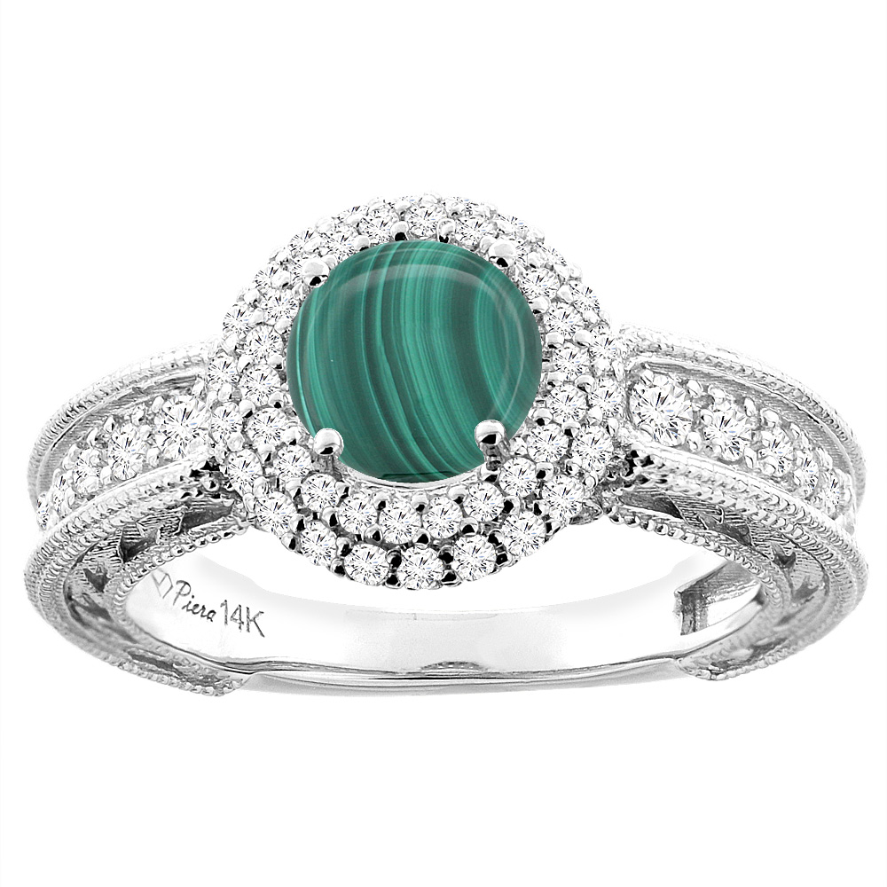 14K White Gold Natural Malachite & Diamond Halo Ring Round 6 mm, sizes 5-10