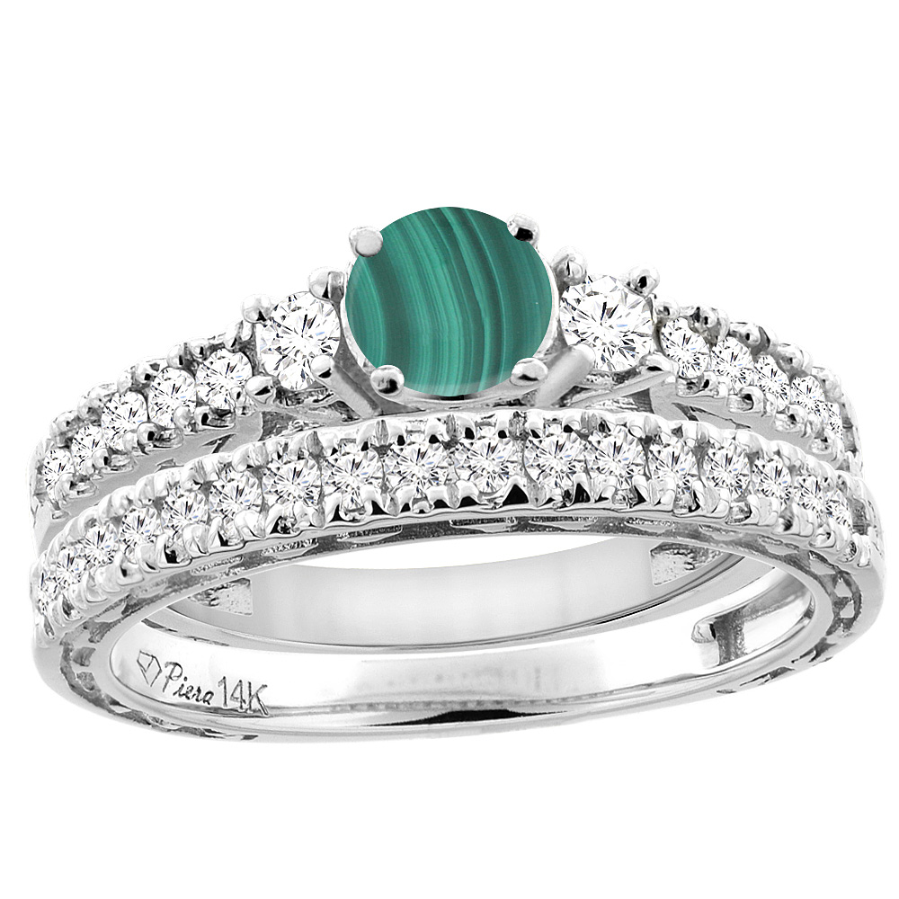 14K Yellow Gold Diamond Natural Malachite Engagement 2-pc Ring Set Engraved Round 6 mm, sizes 5 - 10