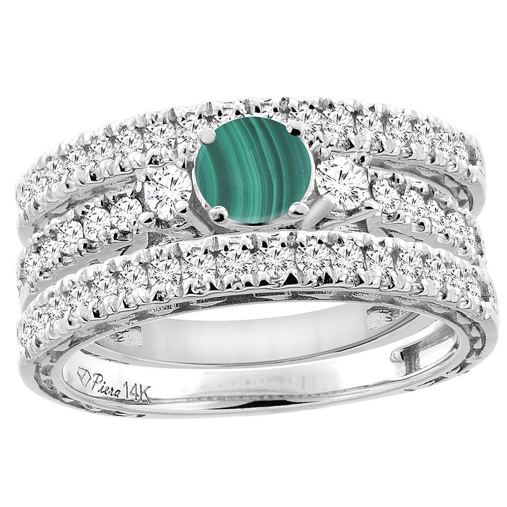 14K White Gold Diamond Natural Malachite Engagement 3-pc Ring Set Engraved Round 6 mm, sizes 5 - 10