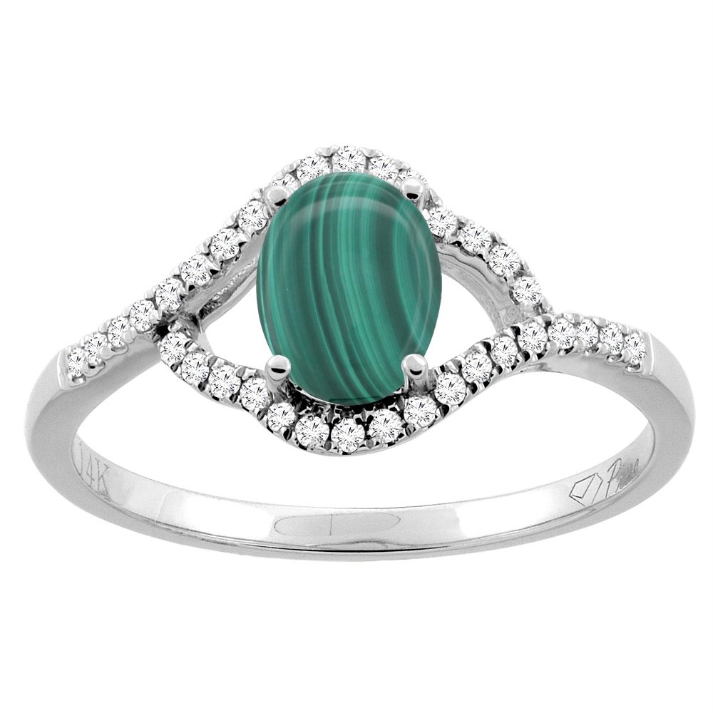 14K Gold Diamond Natural Malachite Engagement Ring Oval 7x5 mm, sizes 5 - 10