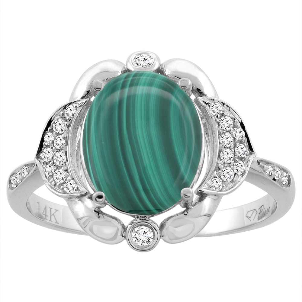 14K White Gold Diamond Natural Malachite Engagement Ring Oval 10x8mm, sizes 5-10