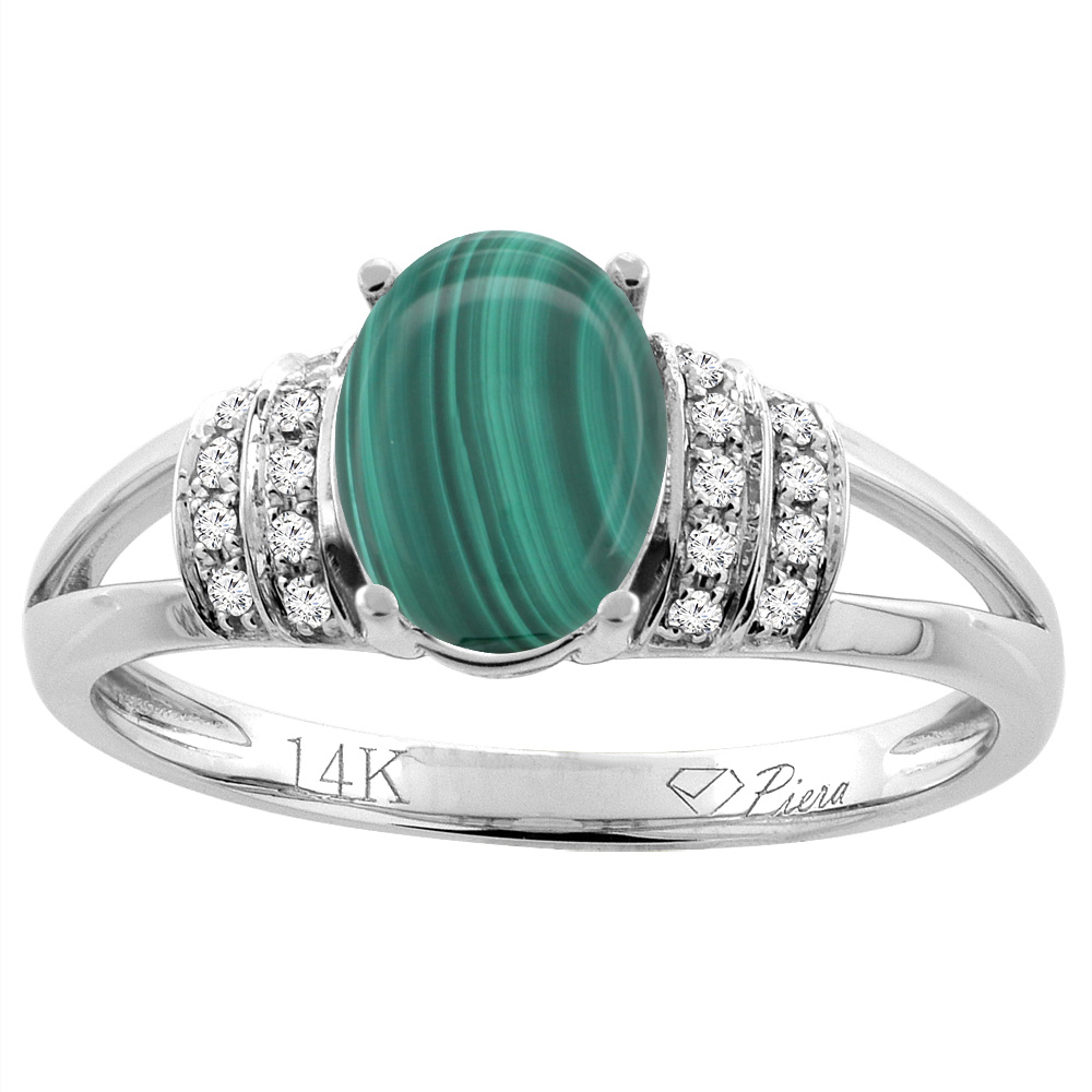 14K Gold Natural Malachite Ring Oval 8x6 mm Diamond Accents, sizes 5 - 10