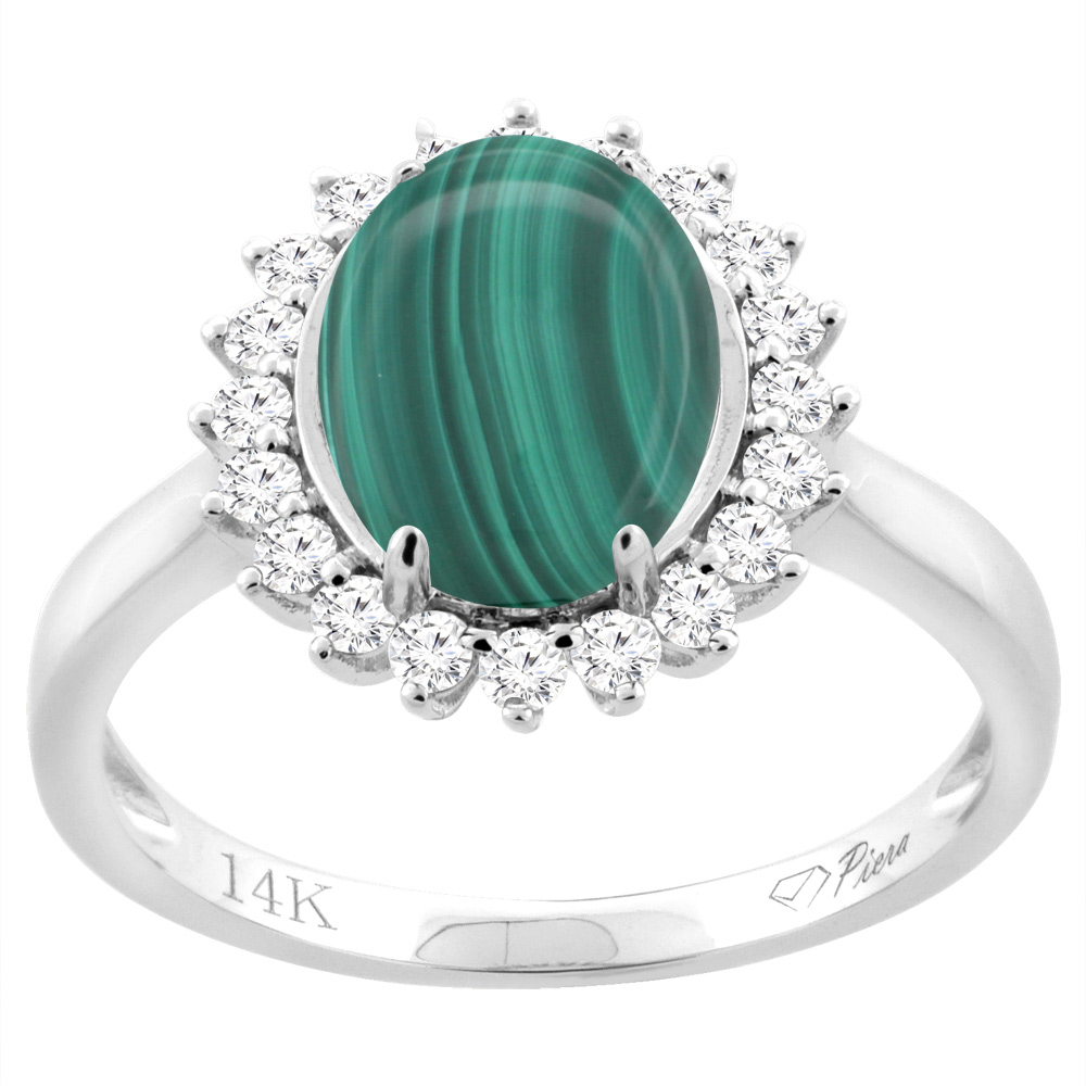 14K White Gold Diamond Natural Malachite Engagement Ring Oval 10x8mm, sizes 5-10