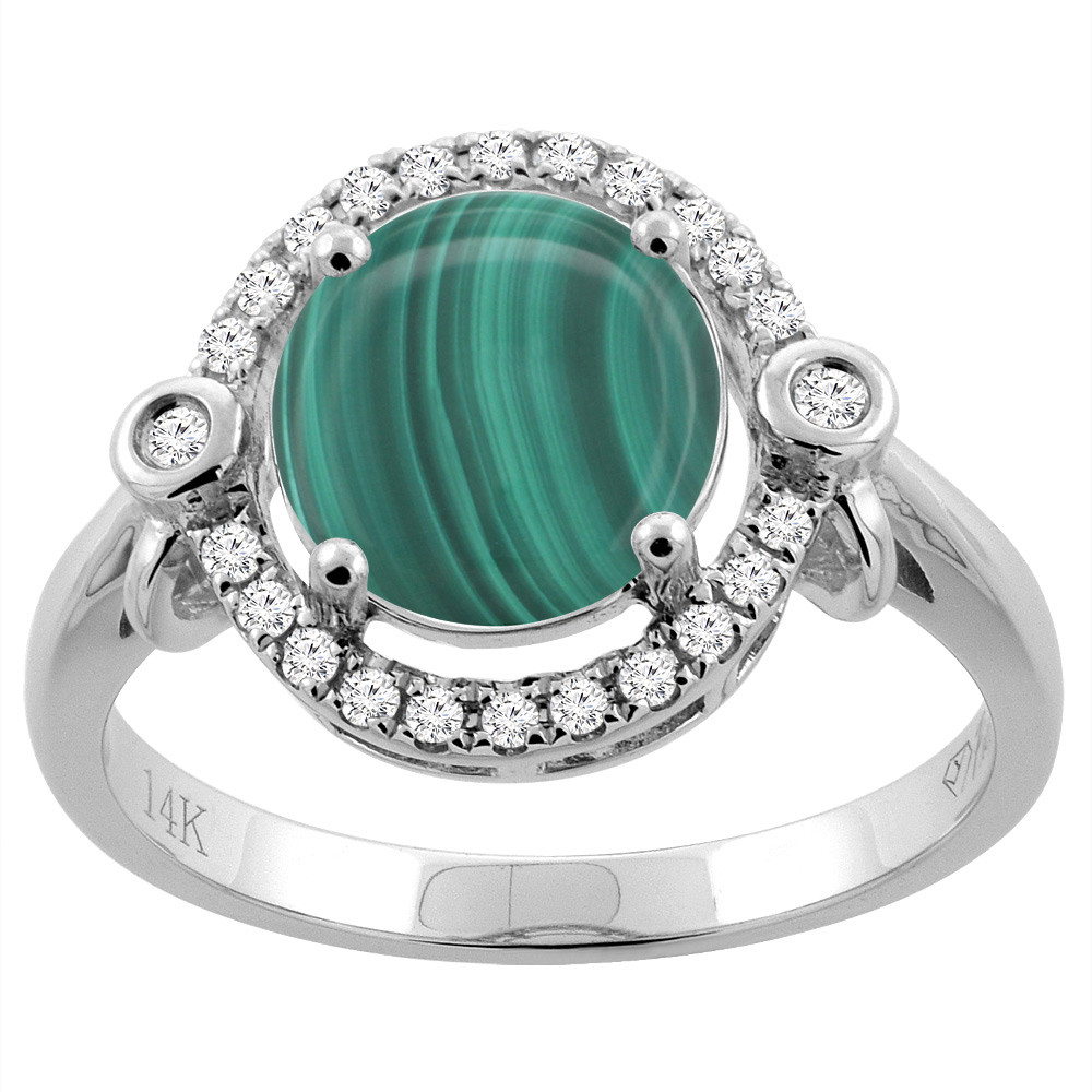 14K White Gold Diamond Natural Malachite Engagement Ring Oval 10x8mm, sizes 5-10