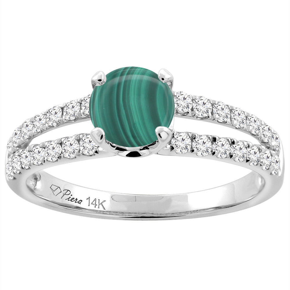 14K White Gold Natural Malachite Engagement Ring Round 6 mm Split Shank Diamond Accents, sizes 5 - 10