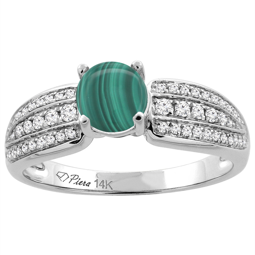 14K White Gold Natural Malachite Engagement Ring Round 6 mm 3-row Diamond Accents, sizes 5 - 10