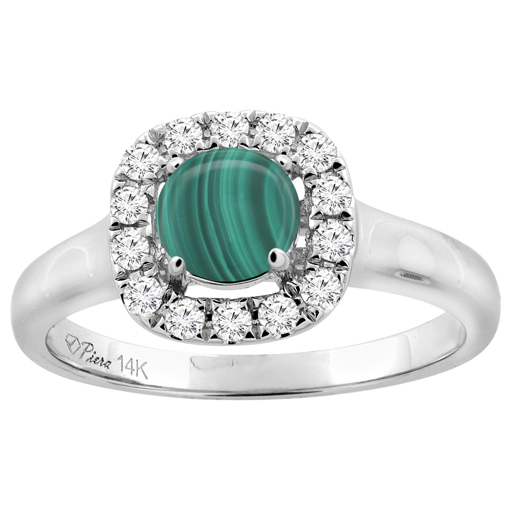 14K White Gold Natural Malachite Halo Engagement Ring Round 6 mm Diamond Accents, sizes 5 - 10