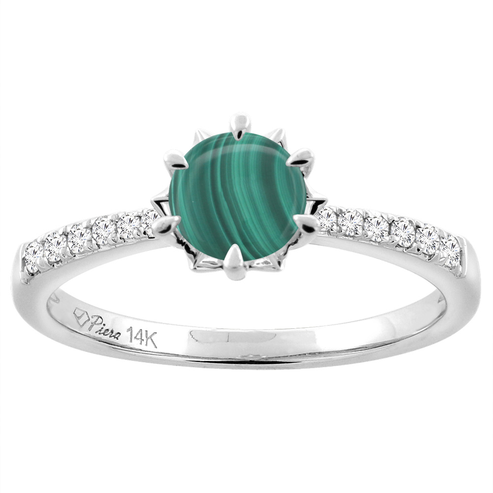 14K White Gold Natural Malachite Engagement Ring Round 6 mm & Diamond Accents, sizes 5 - 10