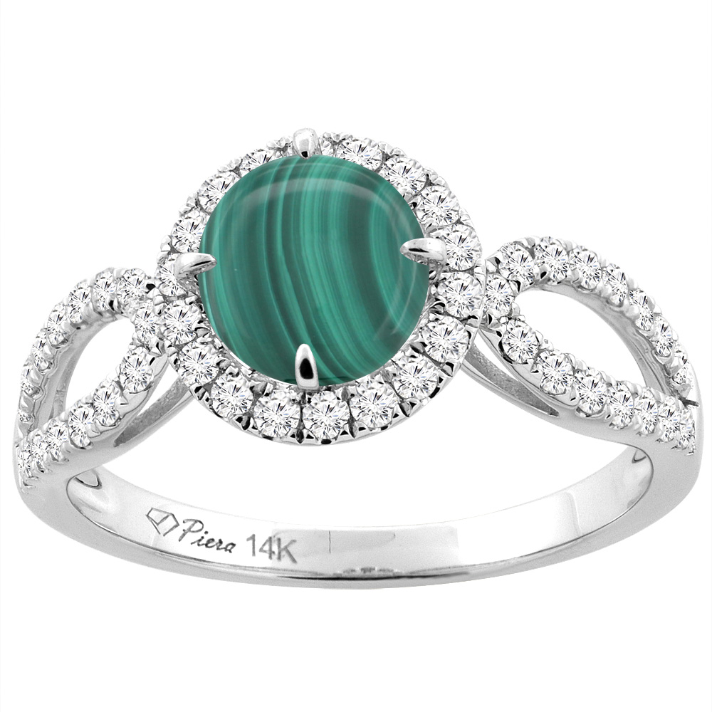 14K White Gold Natural Malachite Engagement Halo Ring Round 6 mm & Diamond Accents, sizes 5 - 10