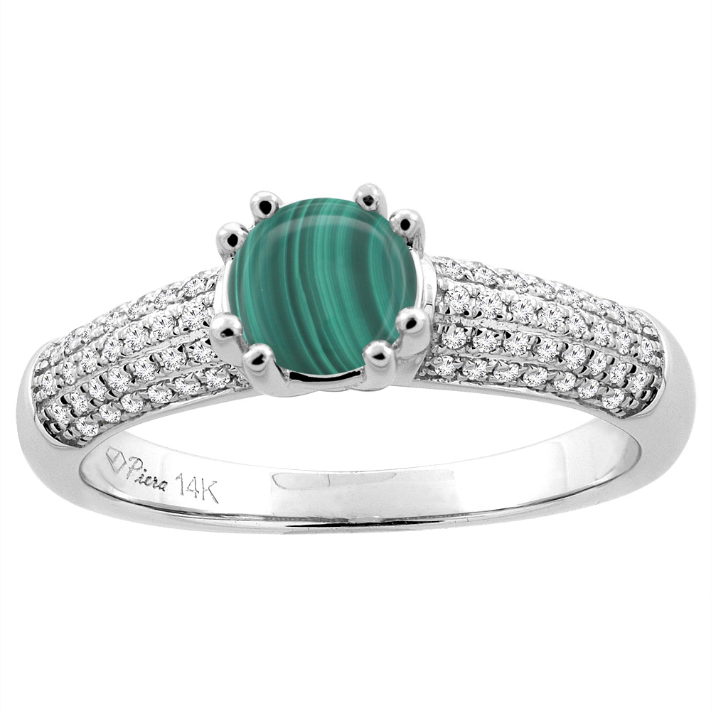 14K White Gold Natural Malachite Engagement Ring Round 6 mm & Diamond Accents, sizes 5 - 10