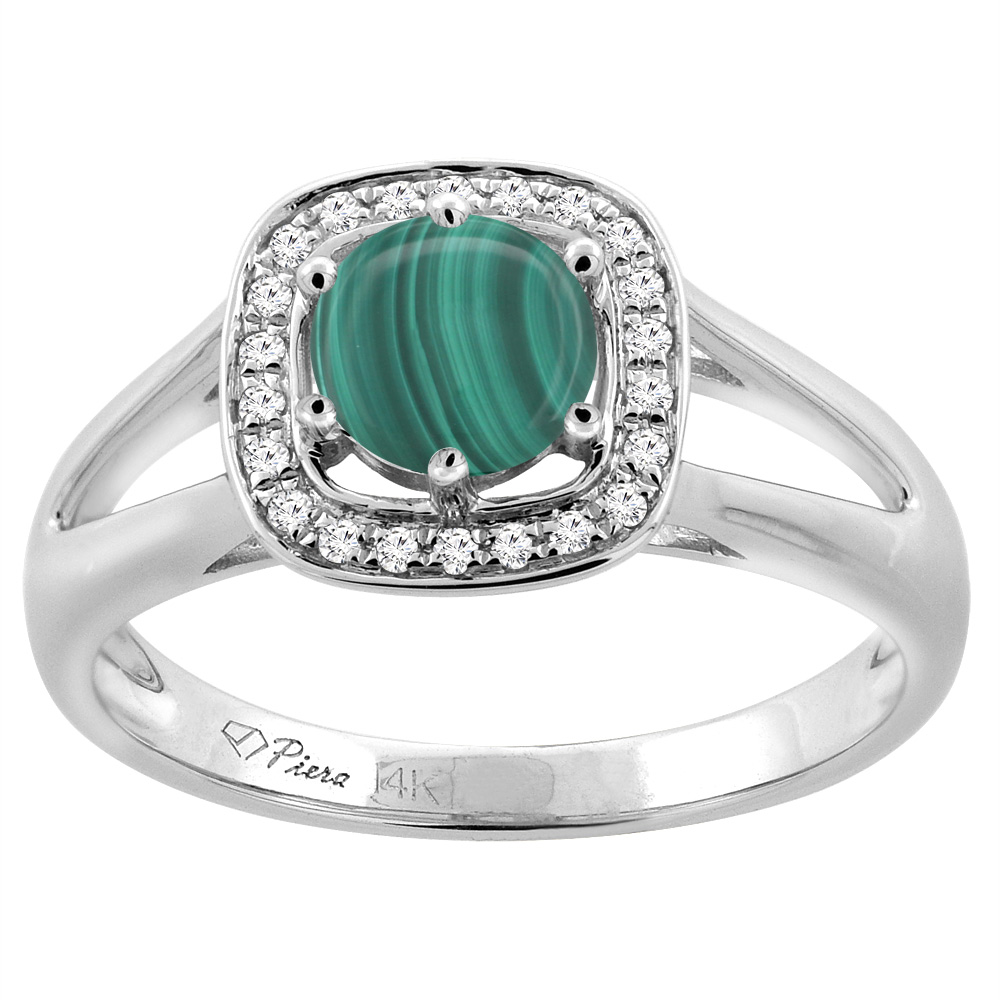 14K White Gold Natural Malachite Engagement Halo Ring Round 6 mm & Diamond Accents, sizes 5 - 10