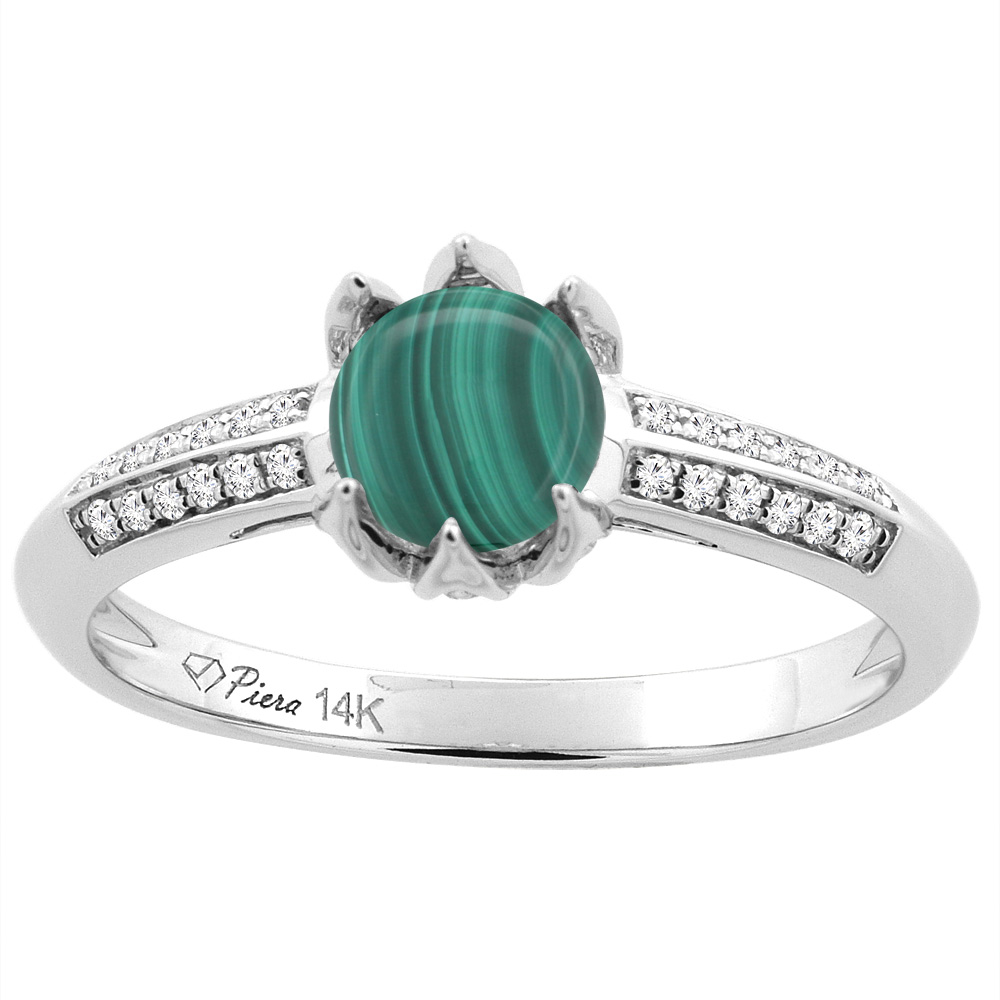 14K White Gold Natural Malachite Engagement Ring Round 6 mm & Diamond Accents, sizes 5 - 10