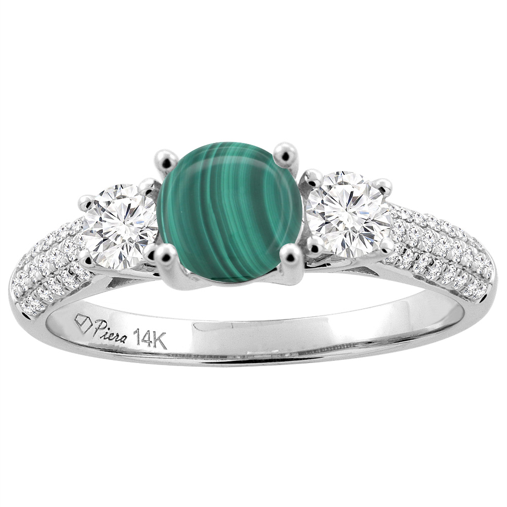 14K White Gold Natural Malachite Engagement Ring Round 6 mm &amp; Diamond Accents, sizes 5 - 10