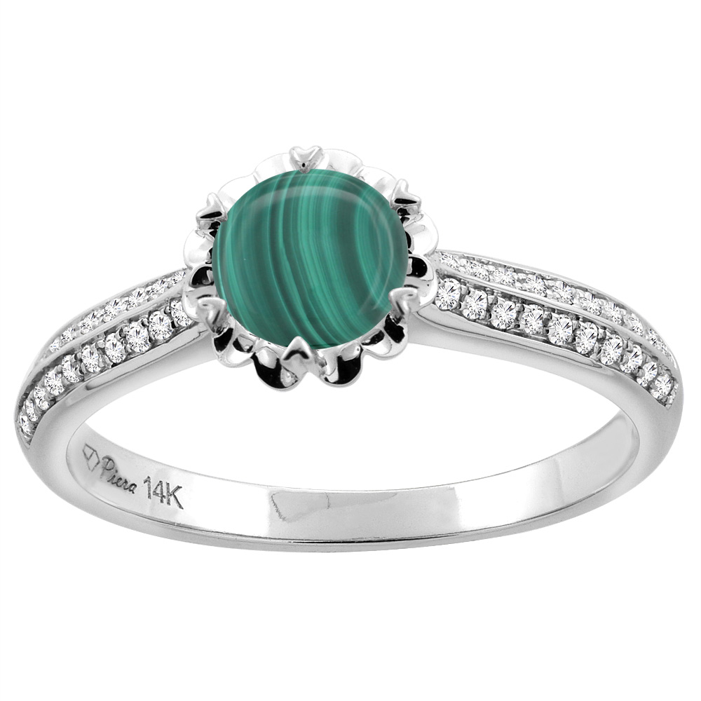 14K White Gold Natural Malachite Engagement Ring Round 6 mm &amp; Diamond Accents, sizes 5 - 10