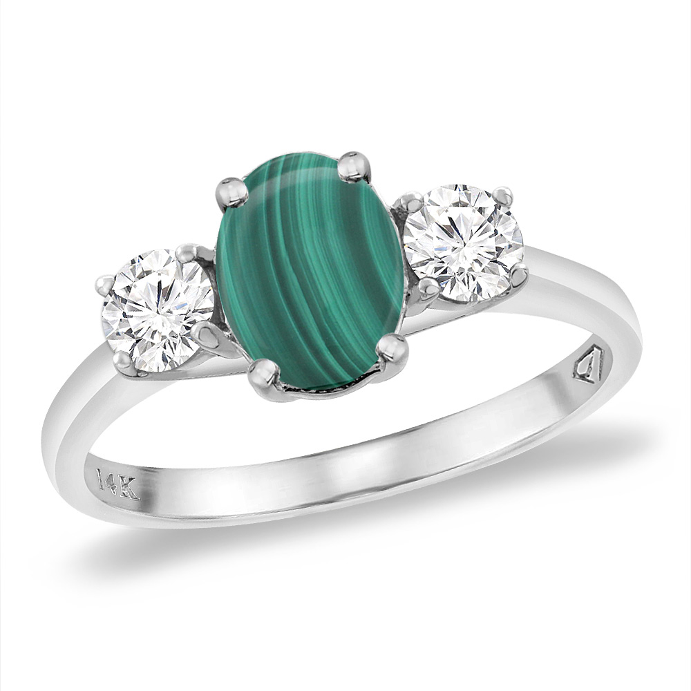 14K White Gold Natural Malachite &amp; 2pc. Diamond Engagement Ring Oval 8x6 mm, sizes 5 -10