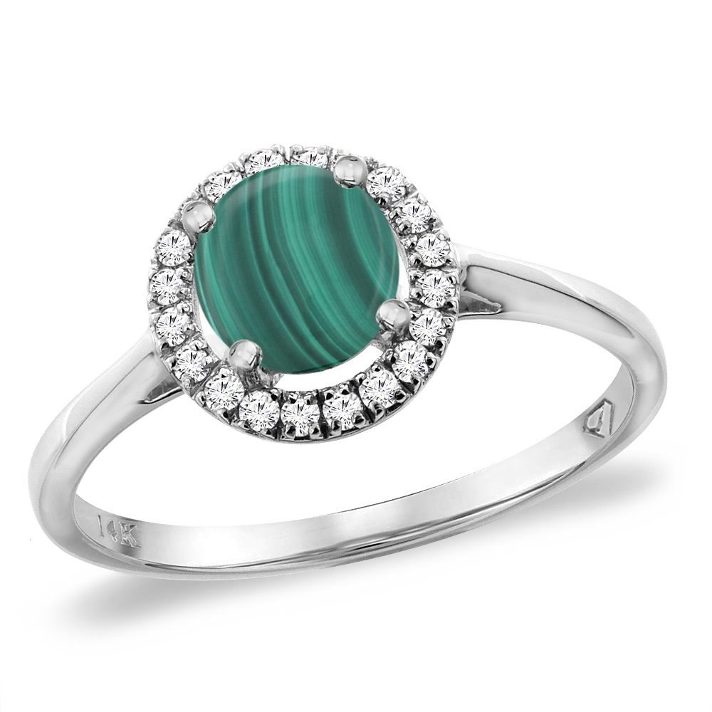 14K White Gold Diamond Halo Natural Malachite Engagement Ring Round 6 mm, sizes 5 -10