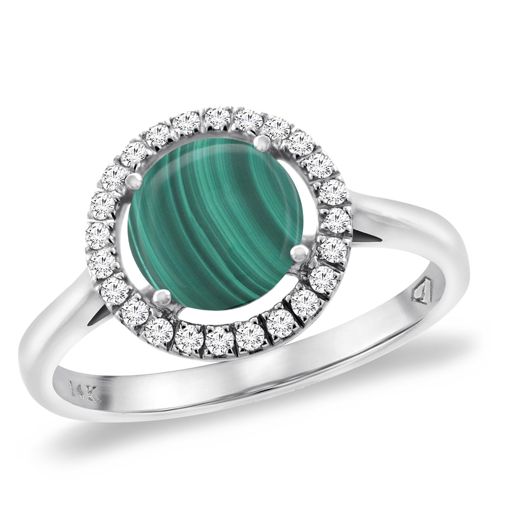 14K White Gold Natural Malachite Halo Engagement Ring Round 8 mm, sizes 5 -10