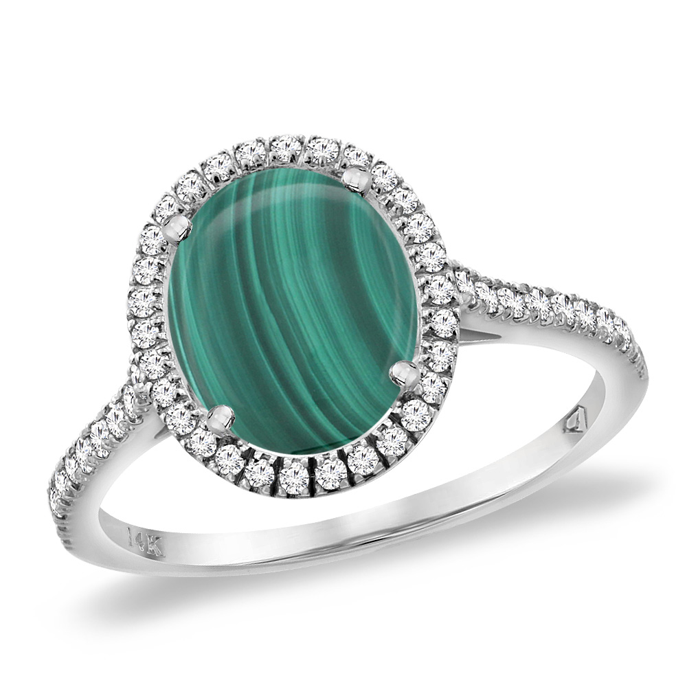 14K White Gold Natural Malachite Diamond Halo Engagement Ring 10x8 mm Oval, sizes 5 -10