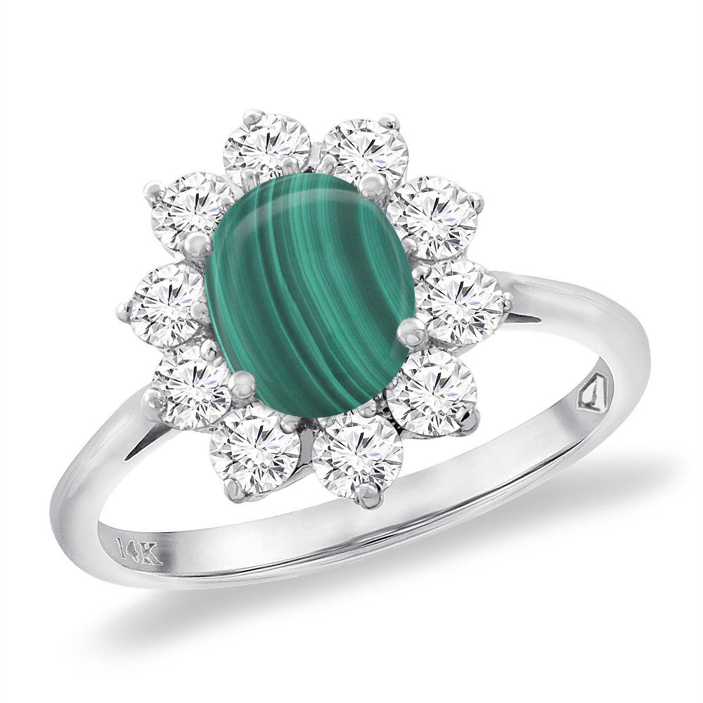 14K White Gold Diamond Natural Malachite Engagement Ring Oval 8x6 mm, sizes 5 -10