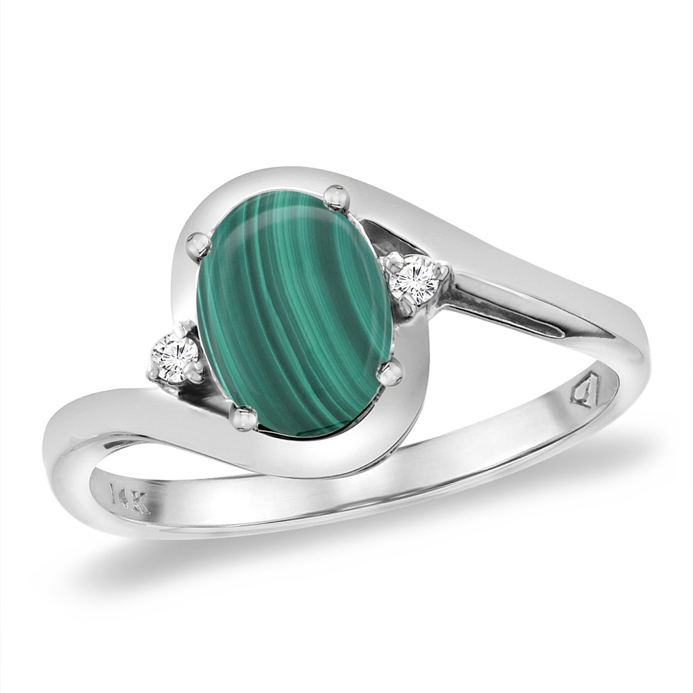 14K White Gold Diamond Natural Malachite Bypass Engagement Ring Oval 8x6 mm, sizes 5 -10