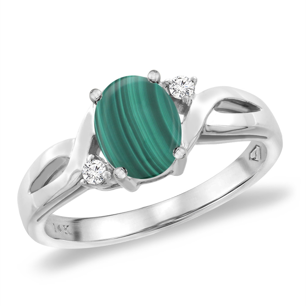 14K White Gold Diamond Natural Malachite Engagement Ring Oval 8x6 mm, sizes 5 -10