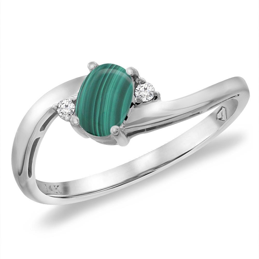 14K White Gold Diamond Natural Malachite Bypass Engagement Ring Oval 6x4 mm, sizes 5 -10