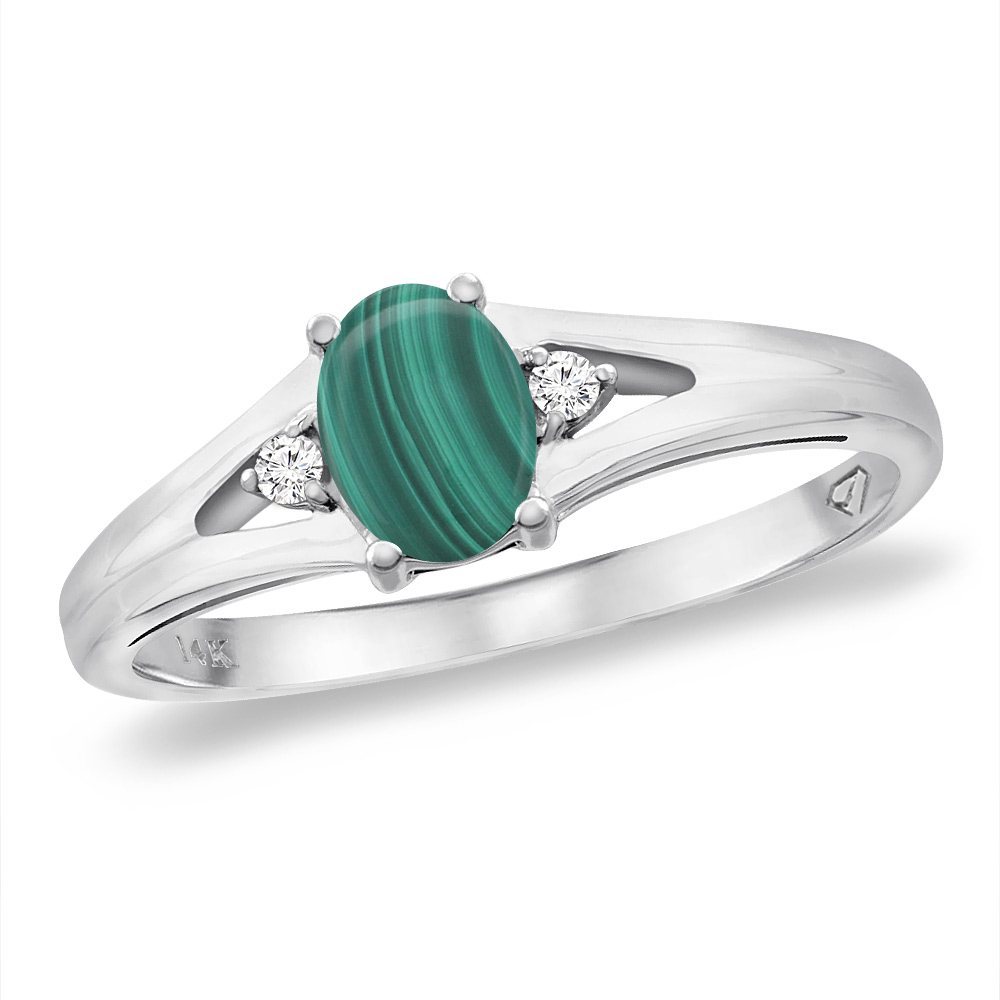 14K White Gold Diamond Natural Malachite Engagement Ring Oval 6x4 mm, sizes 5 -10