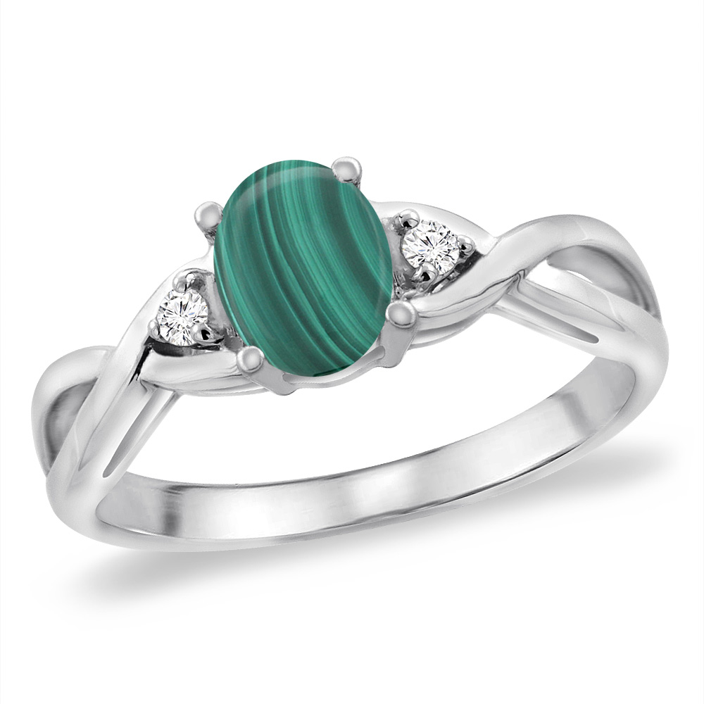 14K White Gold Diamond Natural Malachite Infinity Engagement Ring Oval 7x5 mm, sizes 5 -10