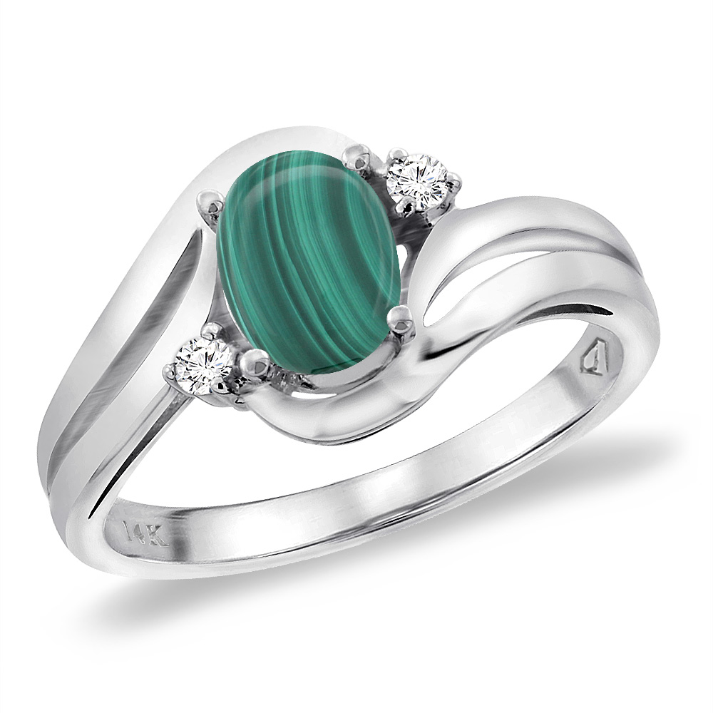 14K White Gold Diamond Natural Malachite Bypass Engagement Ring Oval 8x6 mm, sizes 5 -10