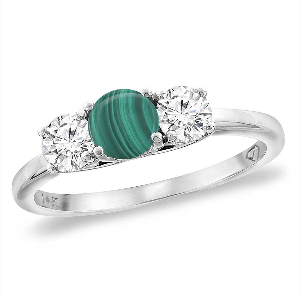 14K White Gold Diamond Natural Malachite Engagement Ring 5mm Round, sizes 5 -10