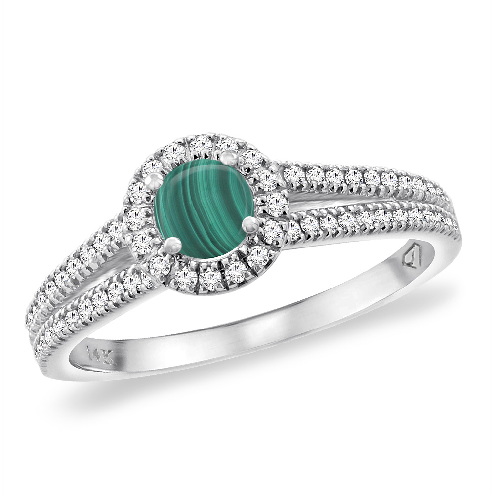 14K White Gold Natural Malachite Split Shank Diamond Halo Engagement Ring 4mm Round, sizes 5 -10