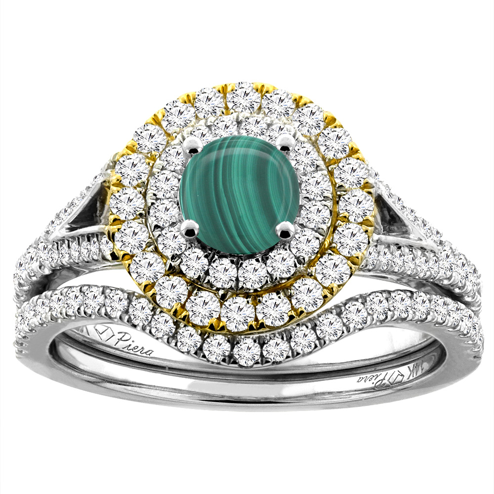 14K White Gold Diamond Natural Malachite Halo Engagement Bridal Ring Set Round 5 mm, sizes 5-10