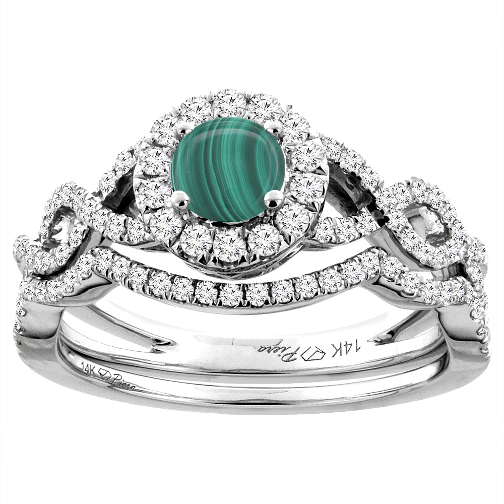 14K White Gold Diamond Natural Malachite Halo Engagement Bridal Ring Set Round 5 mm, sizes 5-10