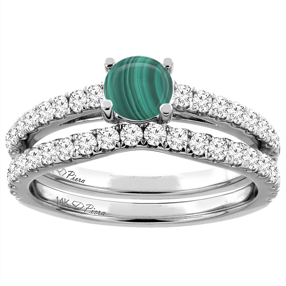 14K White Gold Diamond Natural Malachite Engagement Bridal Ring Set Round 6 mm, sizes 5-10